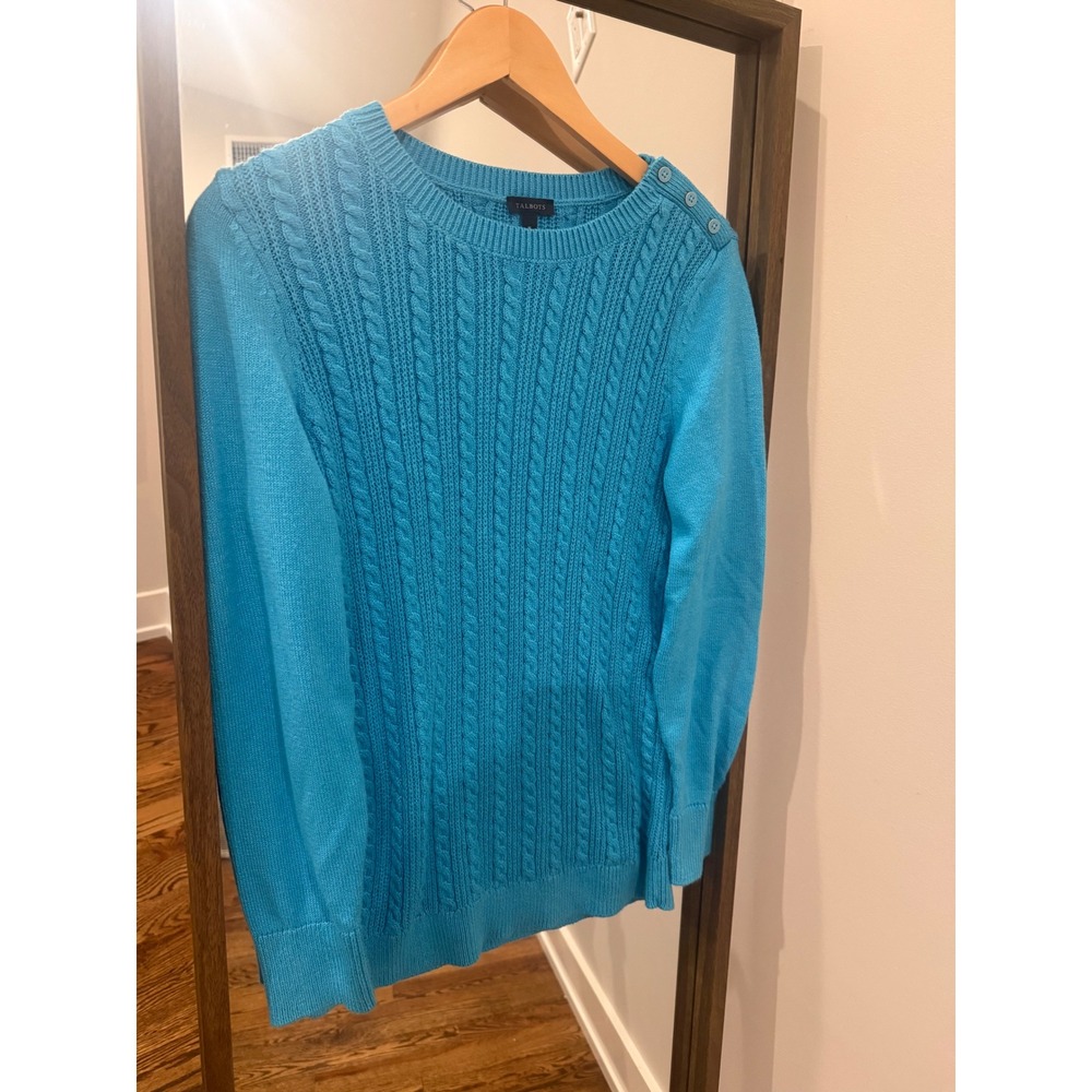 Talbots Womens Medium Turquoise Blue Cable Knit Shoulder Button Sweater Pullover